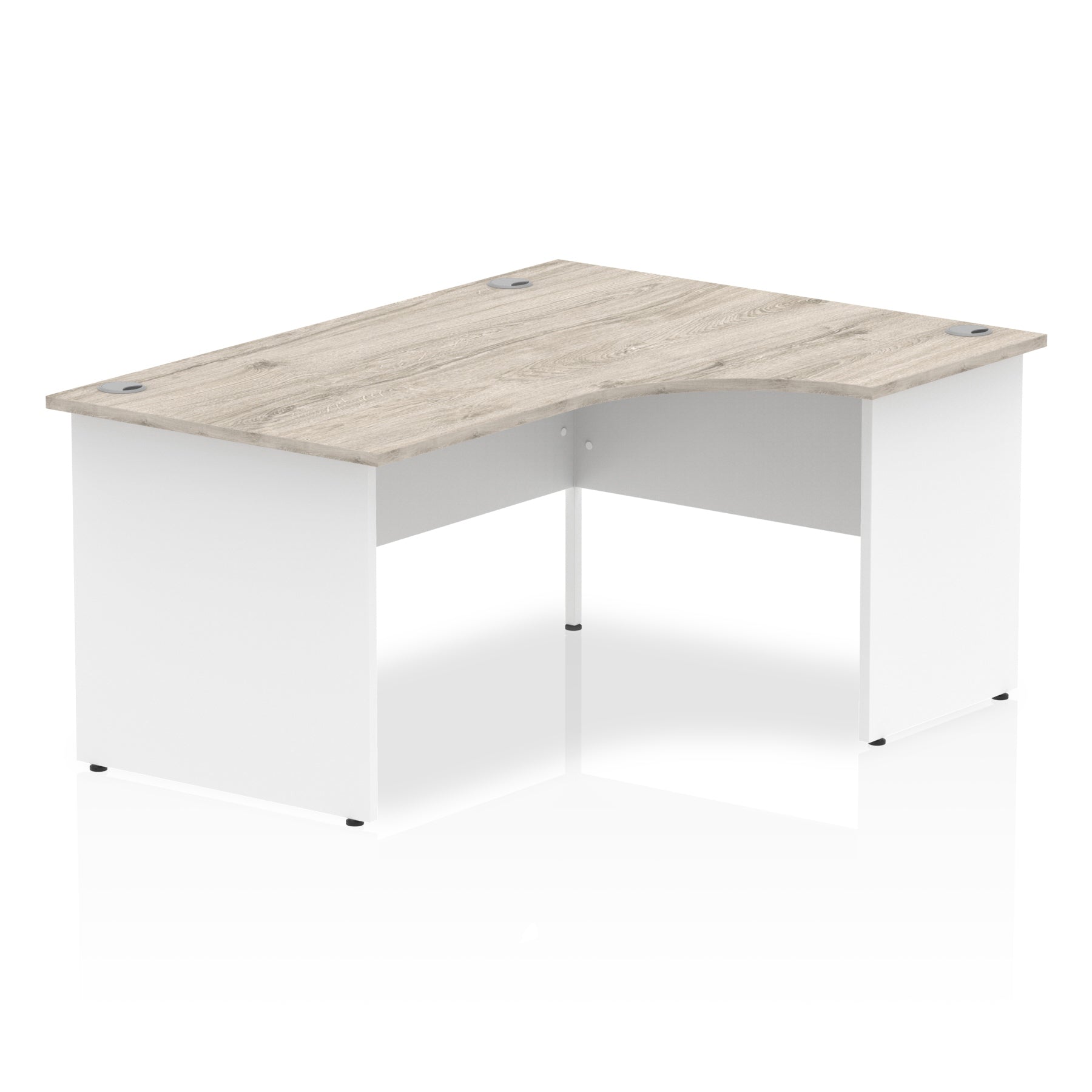 Corner office desk with wood-effect top and white panel end frame on a white background