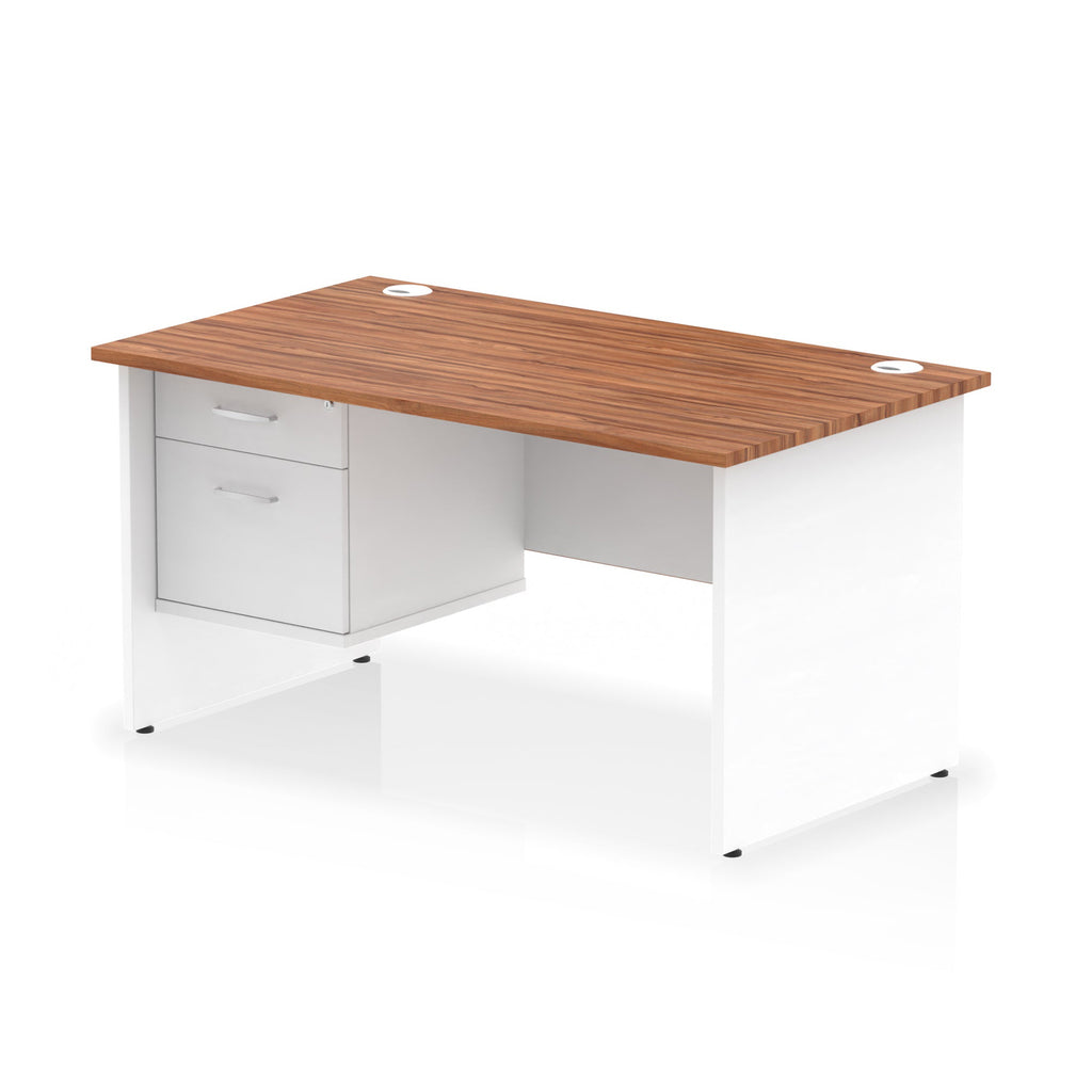 Panel end desk with wood-effect top with white legs and drawers on a white background