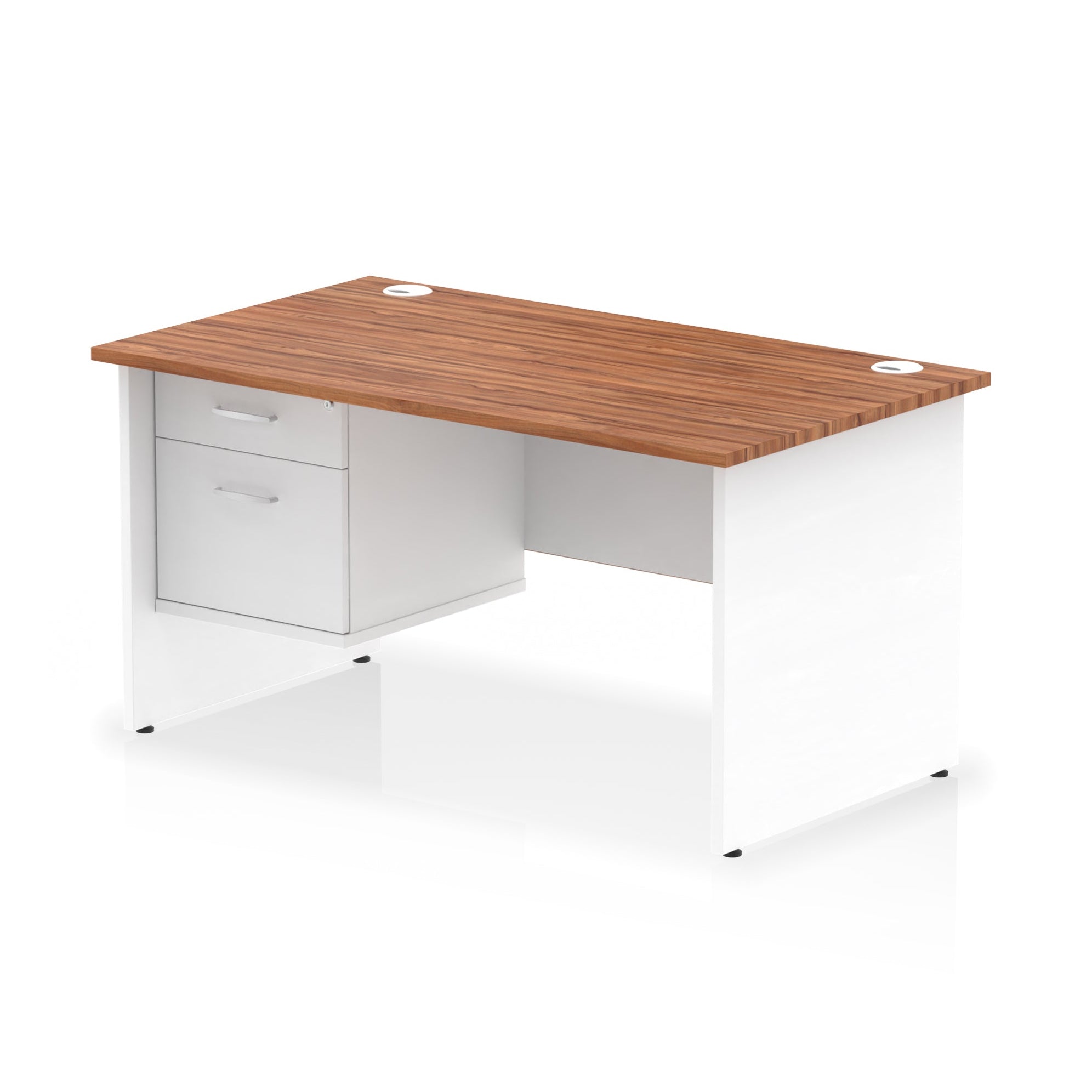 Panel end desk with wood-effect top with white legs and drawers on a white background