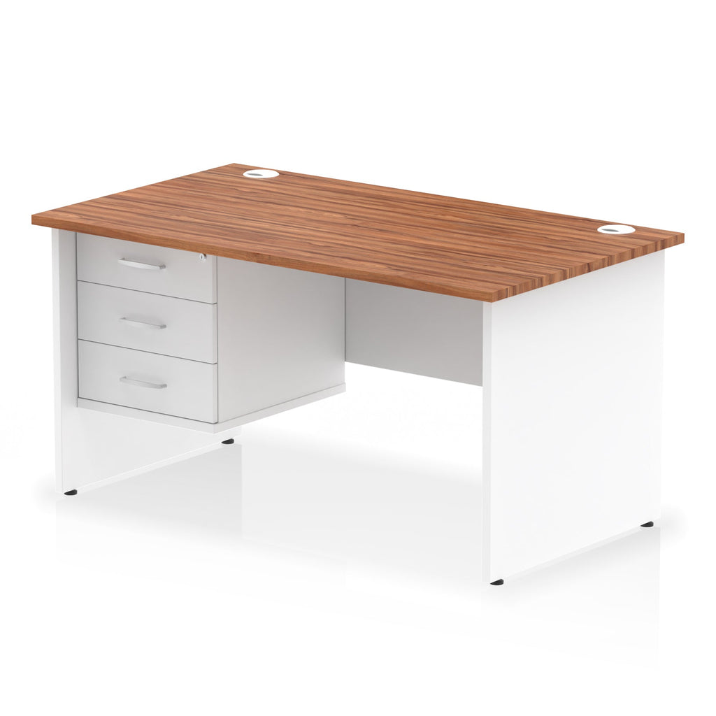 Panel end desk with wood-effect top with white legs and drawers on a white background