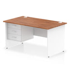 Panel end desk with wood-effect top with white legs and drawers on a white background