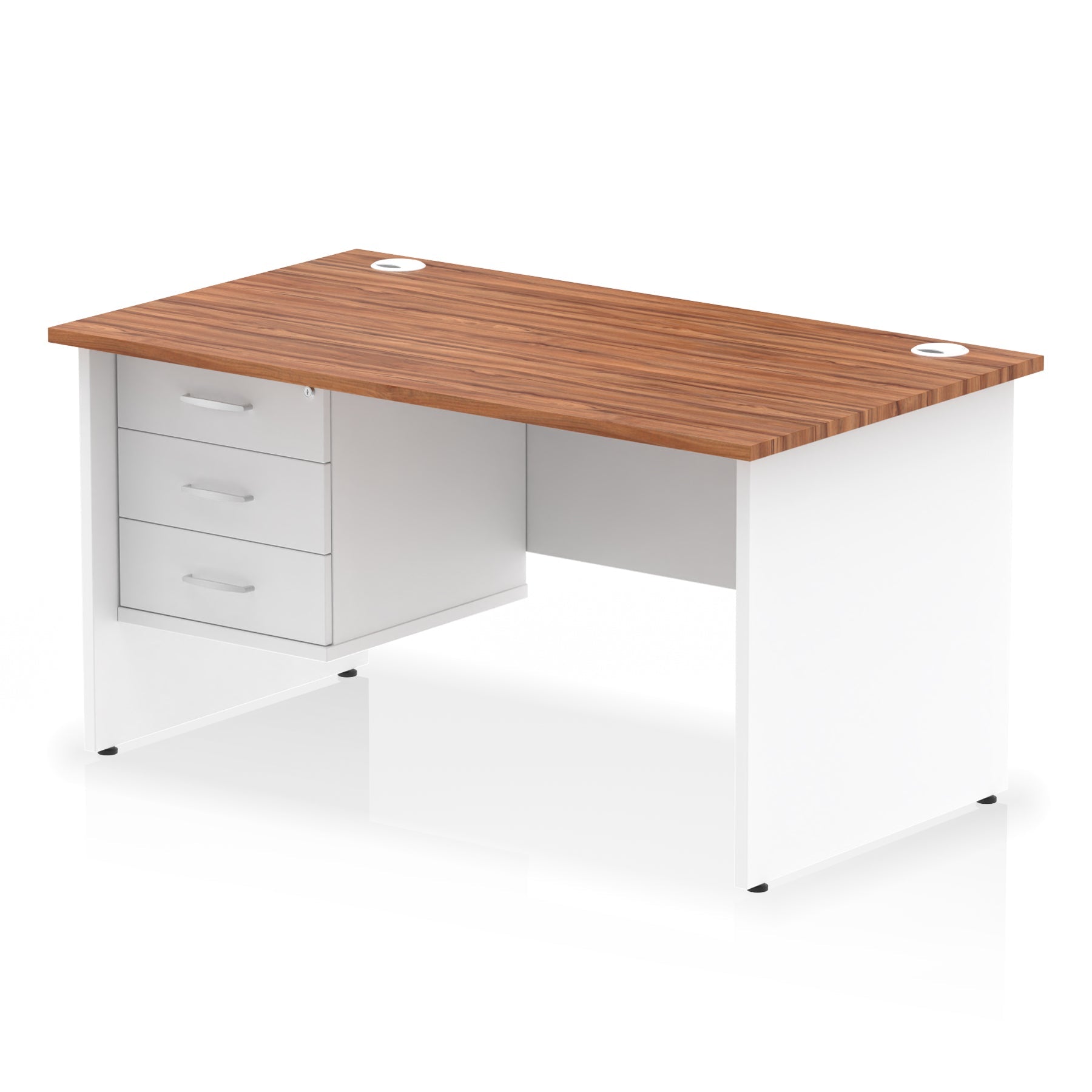 Panel end desk with wood-effect top with white legs and drawers on a white background
