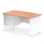 Panel end desk with wood-effect top with white legs and drawers on a white background