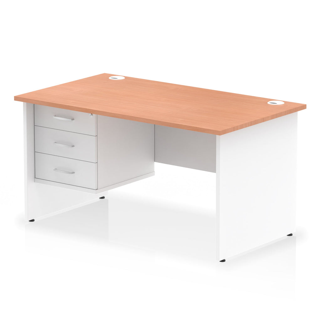 Panel end desk with wood-effect top with white legs and drawers on a white background