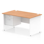 Panel end desk with wood-effect top with white legs and drawers on a white background