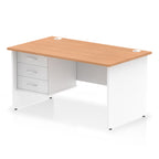 Panel end desk with wood-effect top with white legs and drawers on a white background