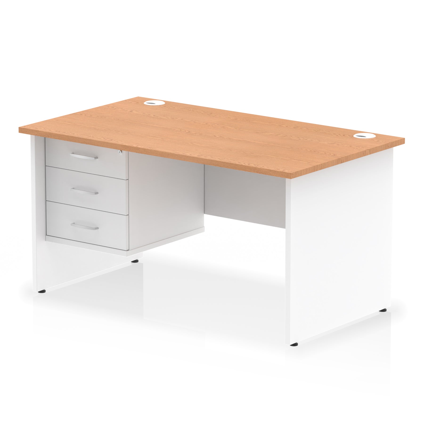Panel end desk with wood-effect top with white legs and drawers on a white background