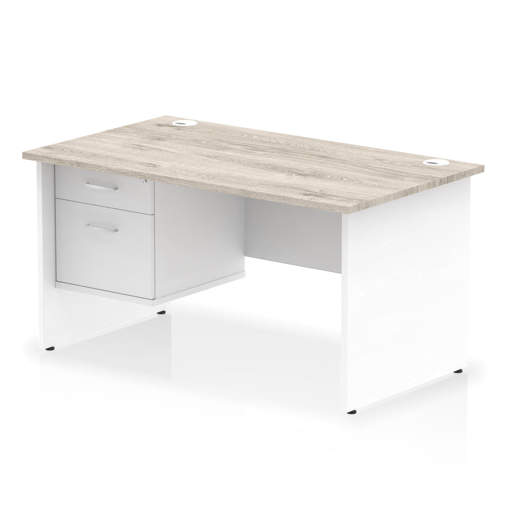 Panel end desk with wood-effect top with white legs and drawers on a white background