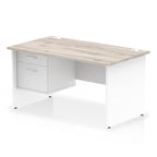 Panel end desk with wood-effect top with white legs and drawers on a white background