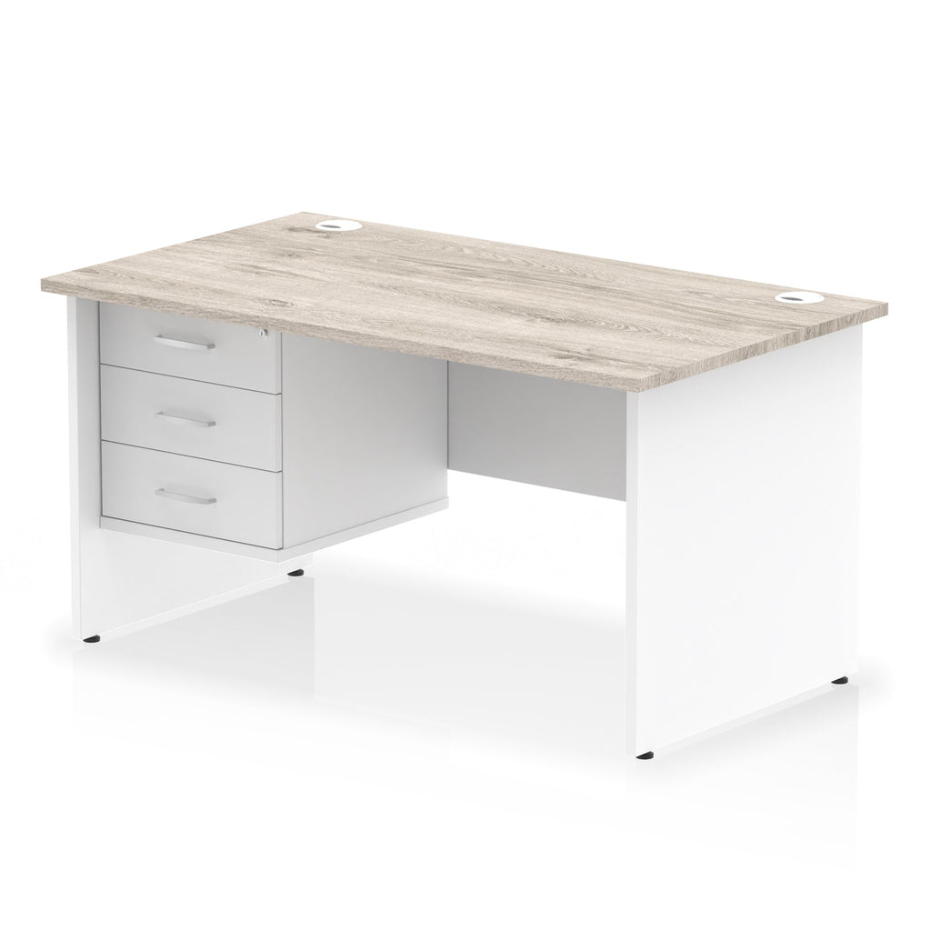 Panel end desk with wood-effect top with white legs and drawers on a white background