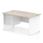 Panel end desk with wood-effect top with white legs and drawers on a white background