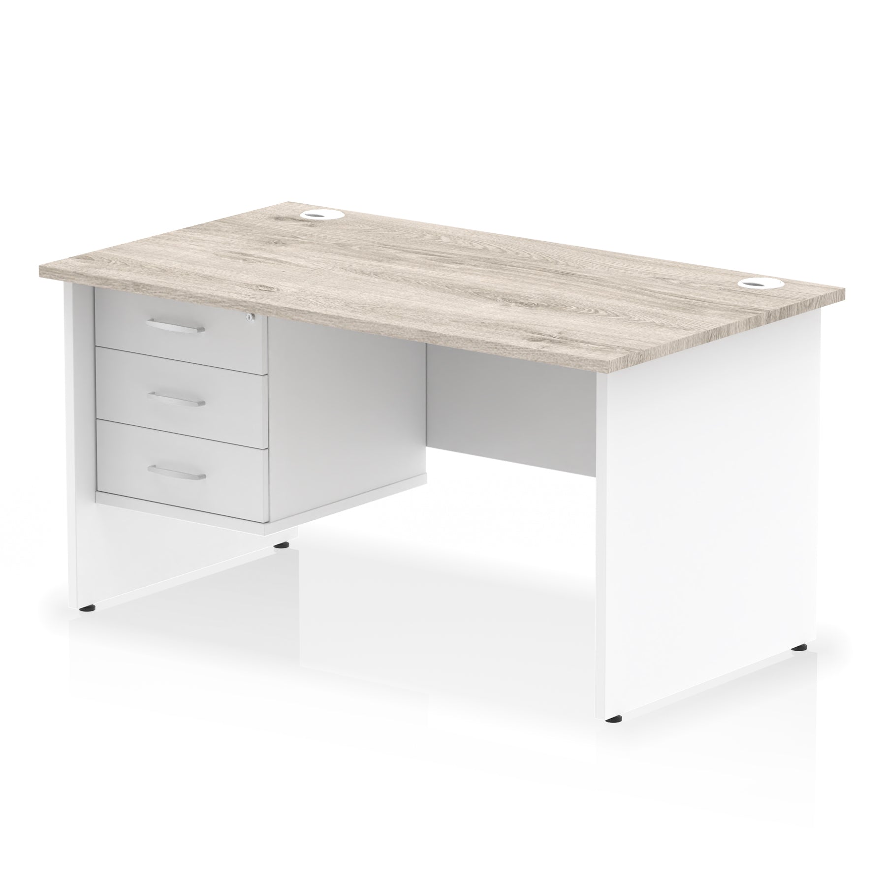Panel end desk with wood-effect top with white legs and drawers on a white background