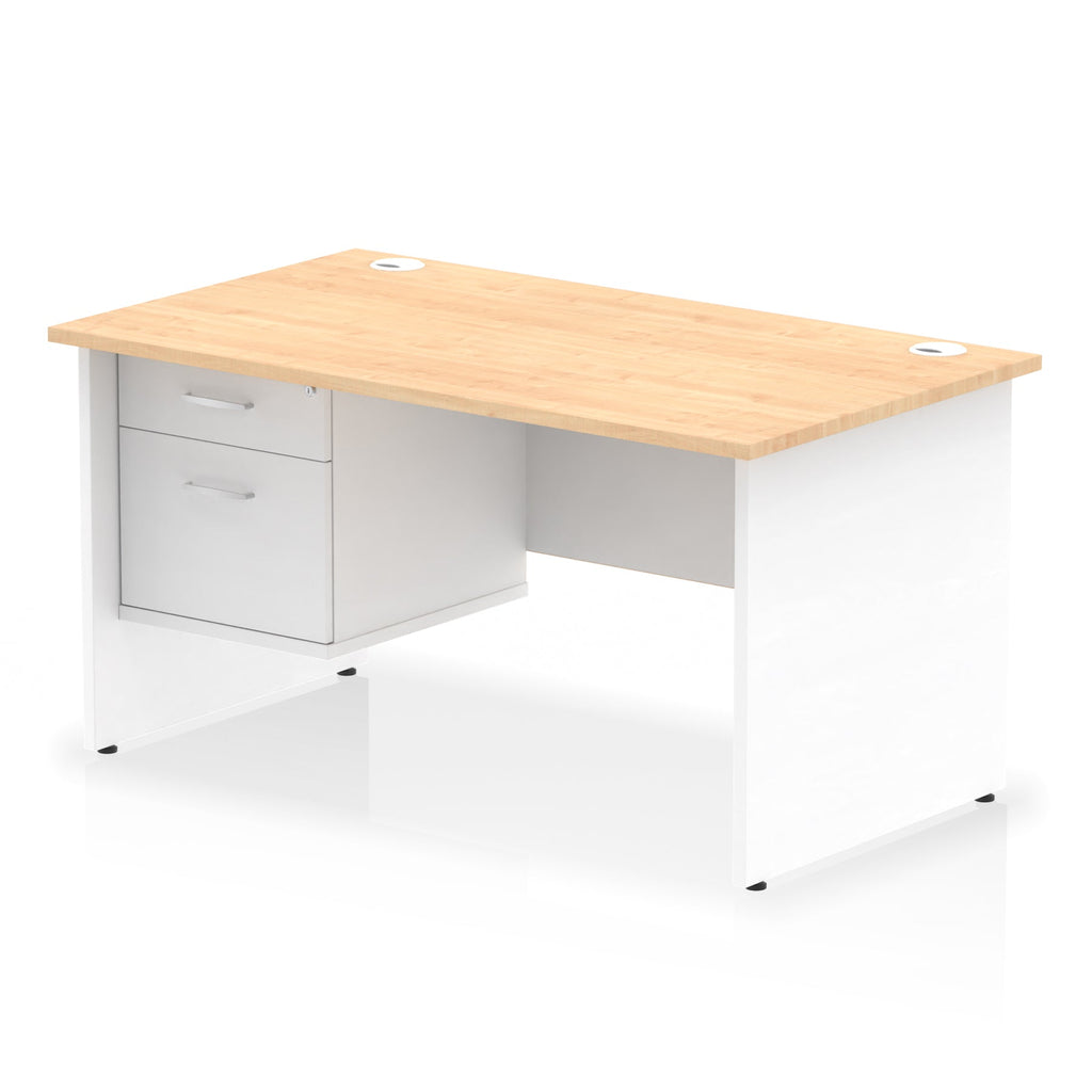 Panel end desk with wood-effect top with white legs and drawers on a white background