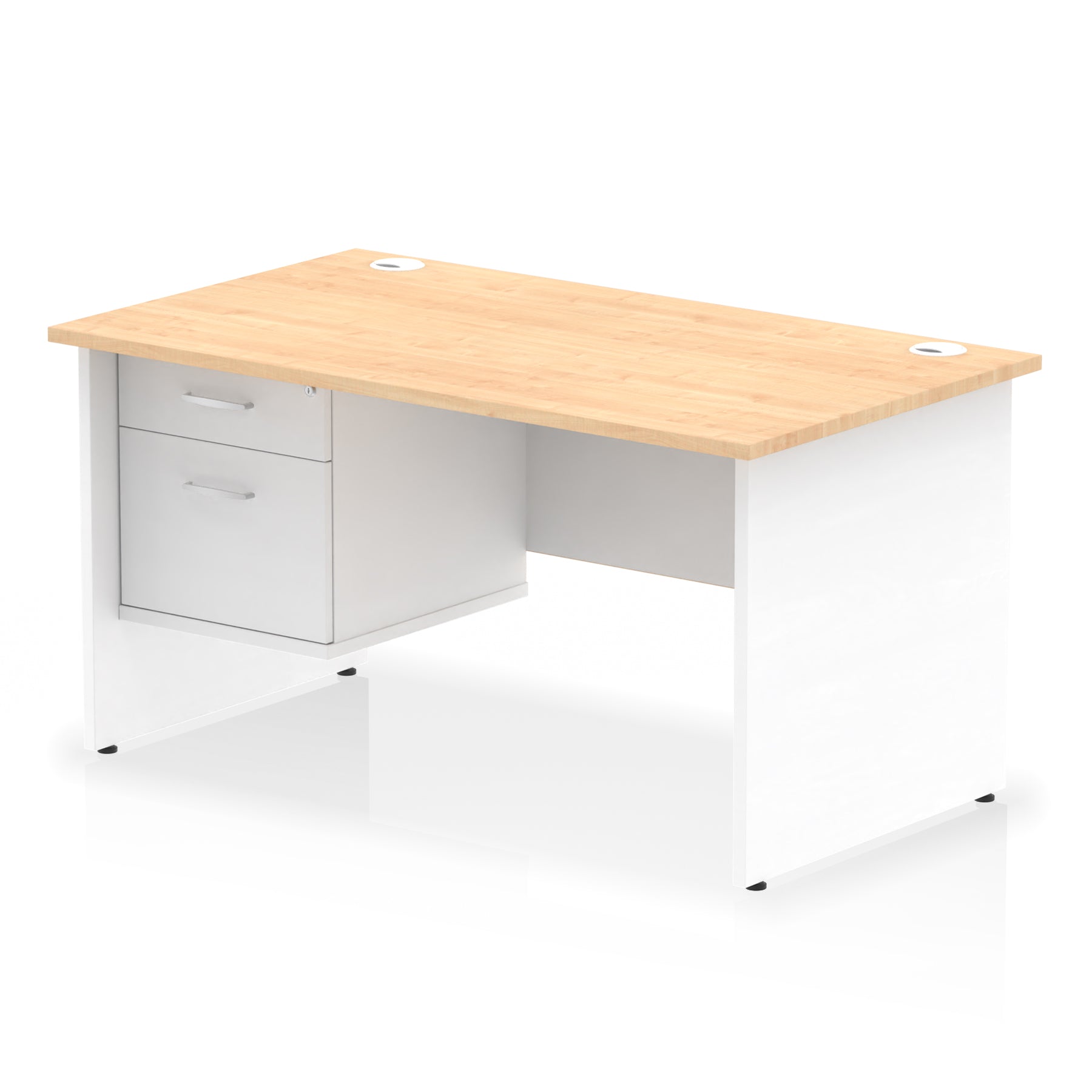 Panel end desk with wood-effect top with white legs and drawers on a white background