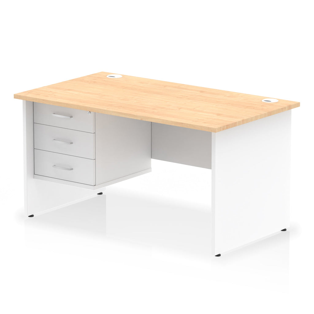 Panel end desk with wood-effect top with white legs and drawers on a white background