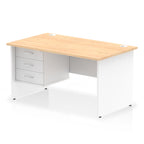 Panel end desk with wood-effect top with white legs and drawers on a white background