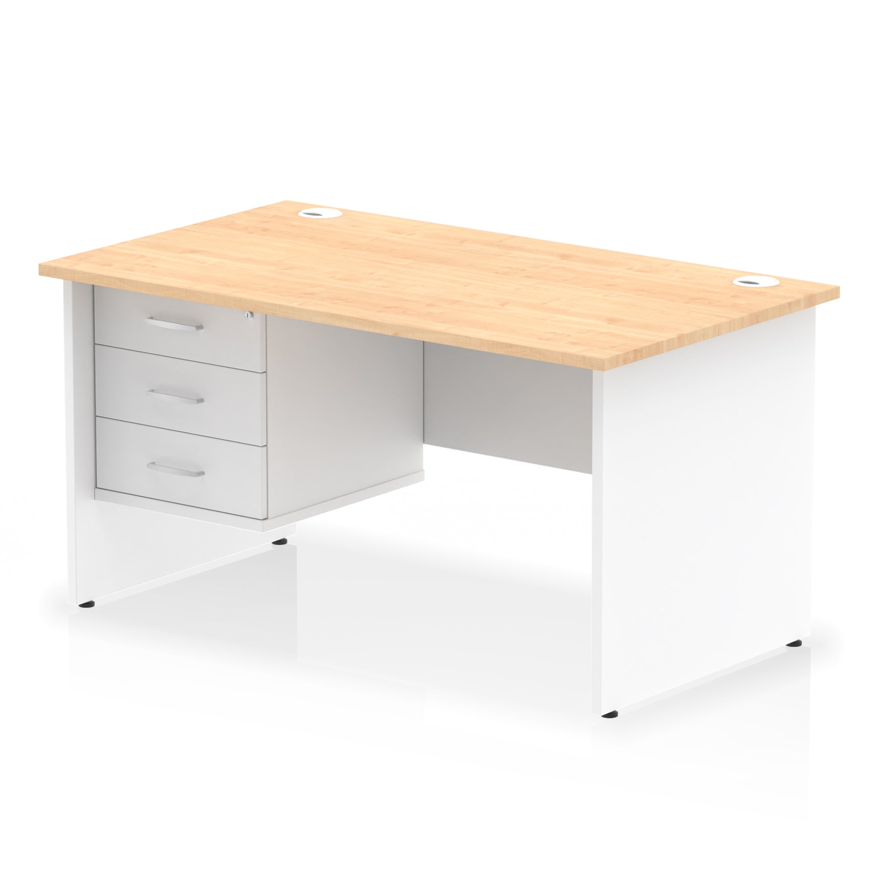 Panel end desk with wood-effect top with white legs and drawers on a white background