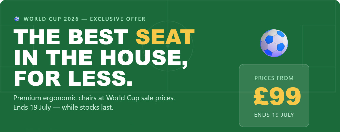 Promotional banner for premium ergonomic chairs with World Cup 2026 branding and pricing details.