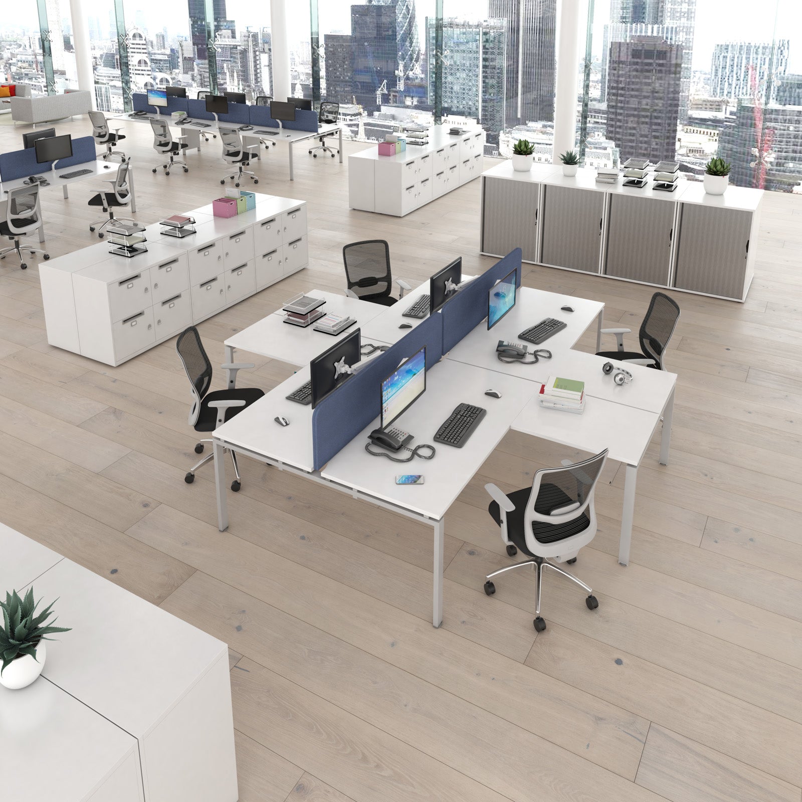 Modern office layout with desks, chairs, and cityscape view
