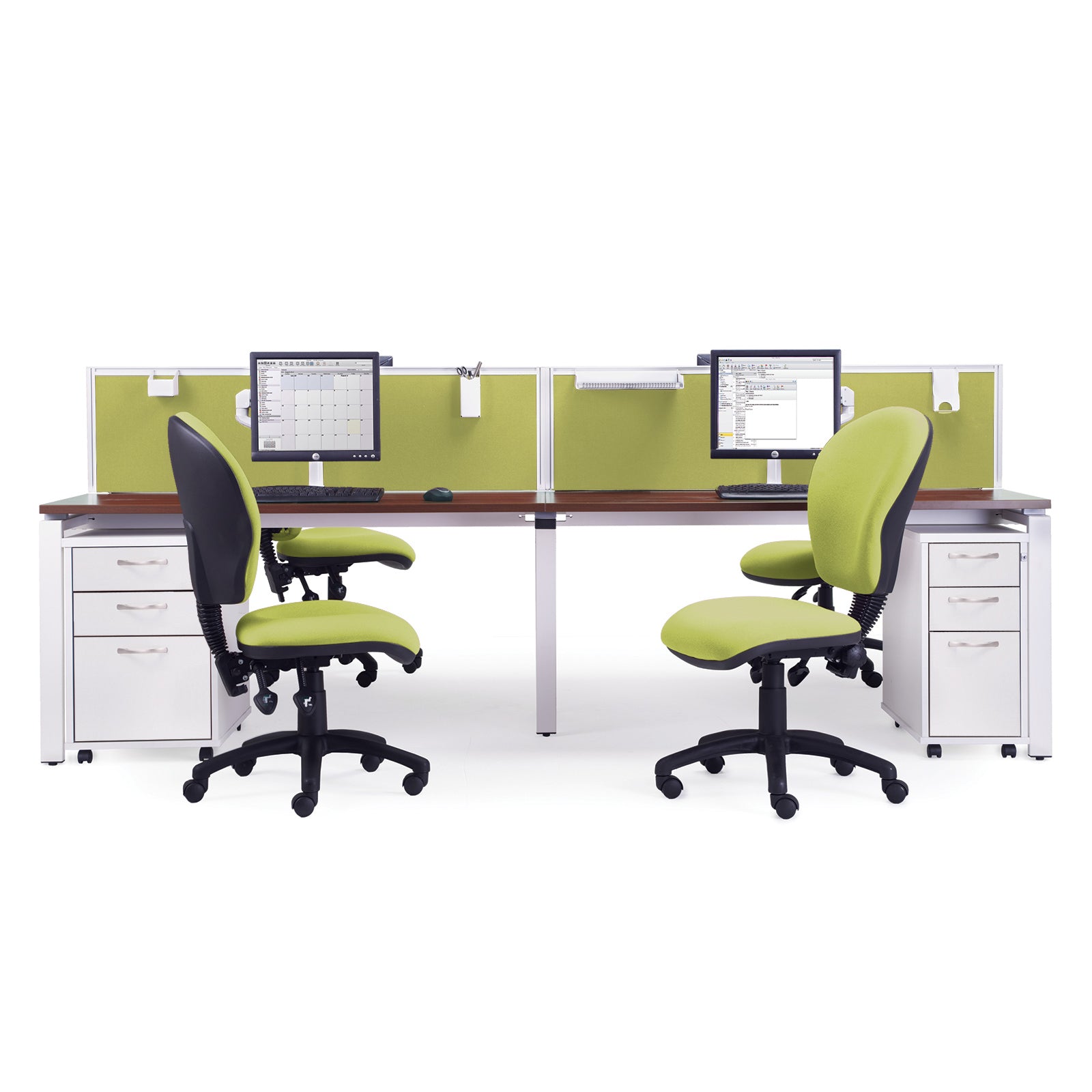 Two office chairs in front of a desk with computer monitors on a white background