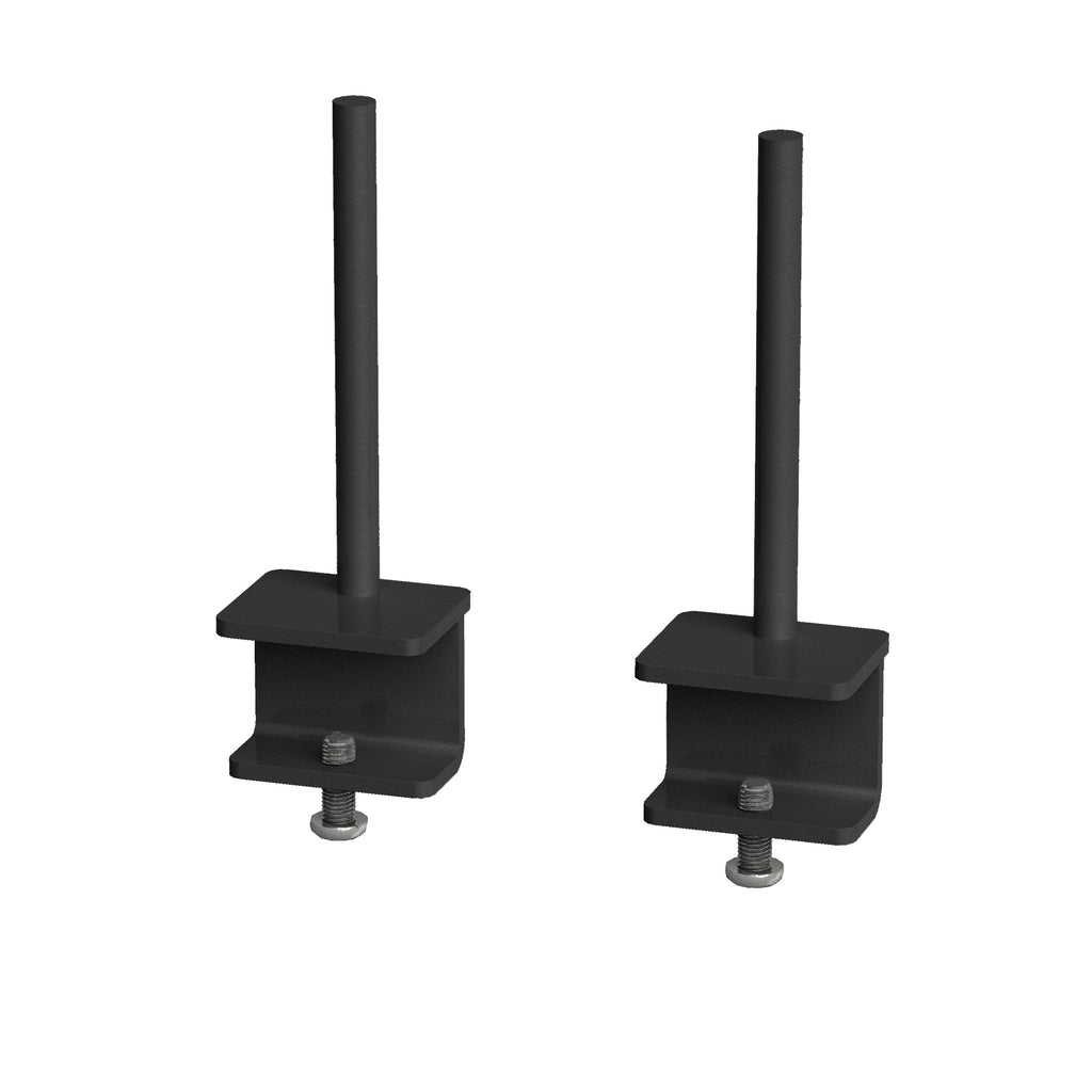 Two black metal screen mounting brackets with vertical posts and adjustable bottom bolts, shown on a plain white background.