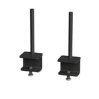 Two black metal screen mounting brackets with vertical posts and adjustable bottom bolts, shown on a plain white background.