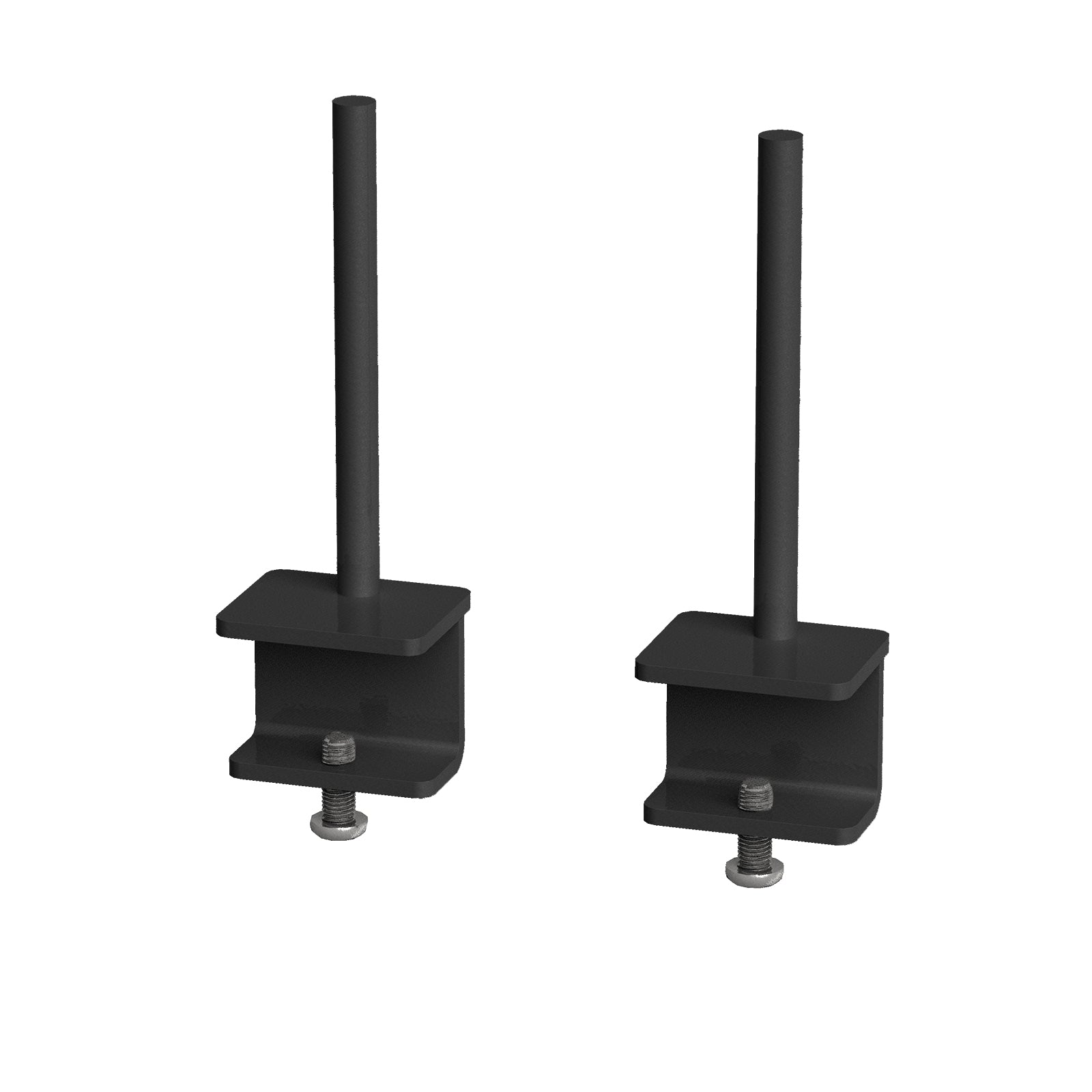 Two black metal screen mounting brackets with vertical posts and adjustable bottom bolts, shown on a plain white background.