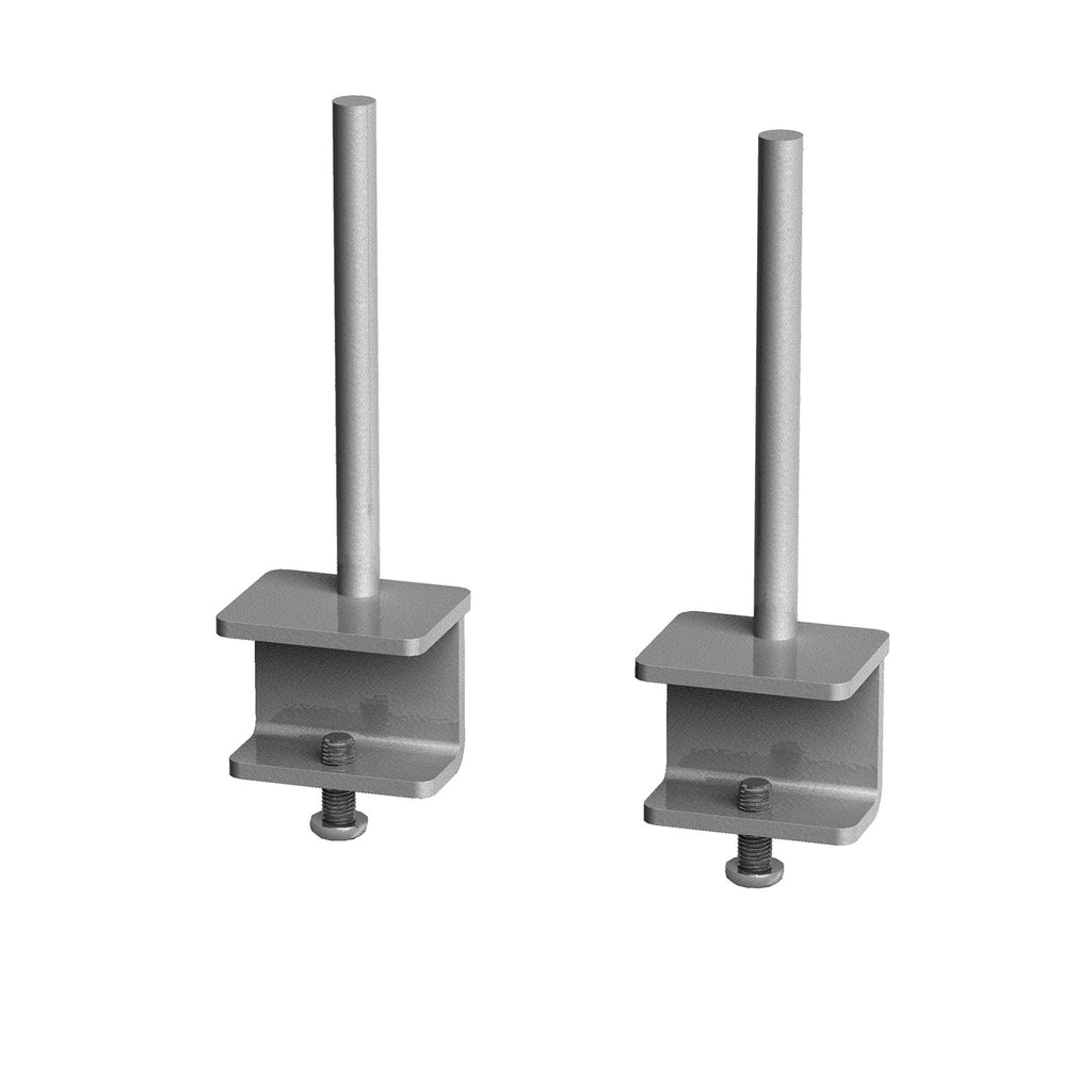 Two silver metal screen mounting brackets with vertical posts and adjustable bottom bolts, shown on a plain white background.