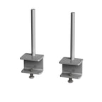 Two silver metal screen mounting brackets with vertical posts and adjustable bottom bolts, shown on a plain white background.