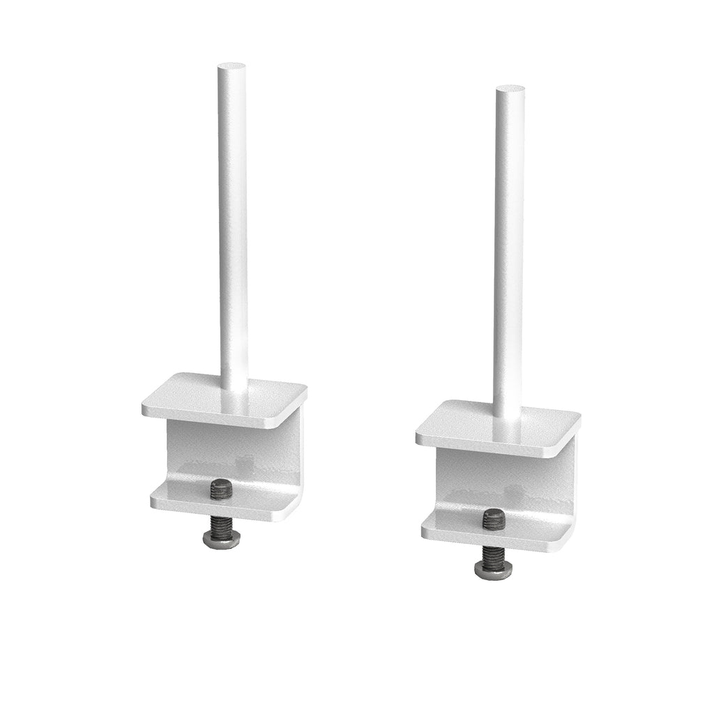 Two white metal screen mounting brackets with vertical posts and adjustable bottom bolts, shown on a plain white background.