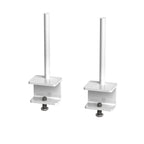 Two white metal screen mounting brackets with vertical posts and adjustable bottom bolts, shown on a plain white background.