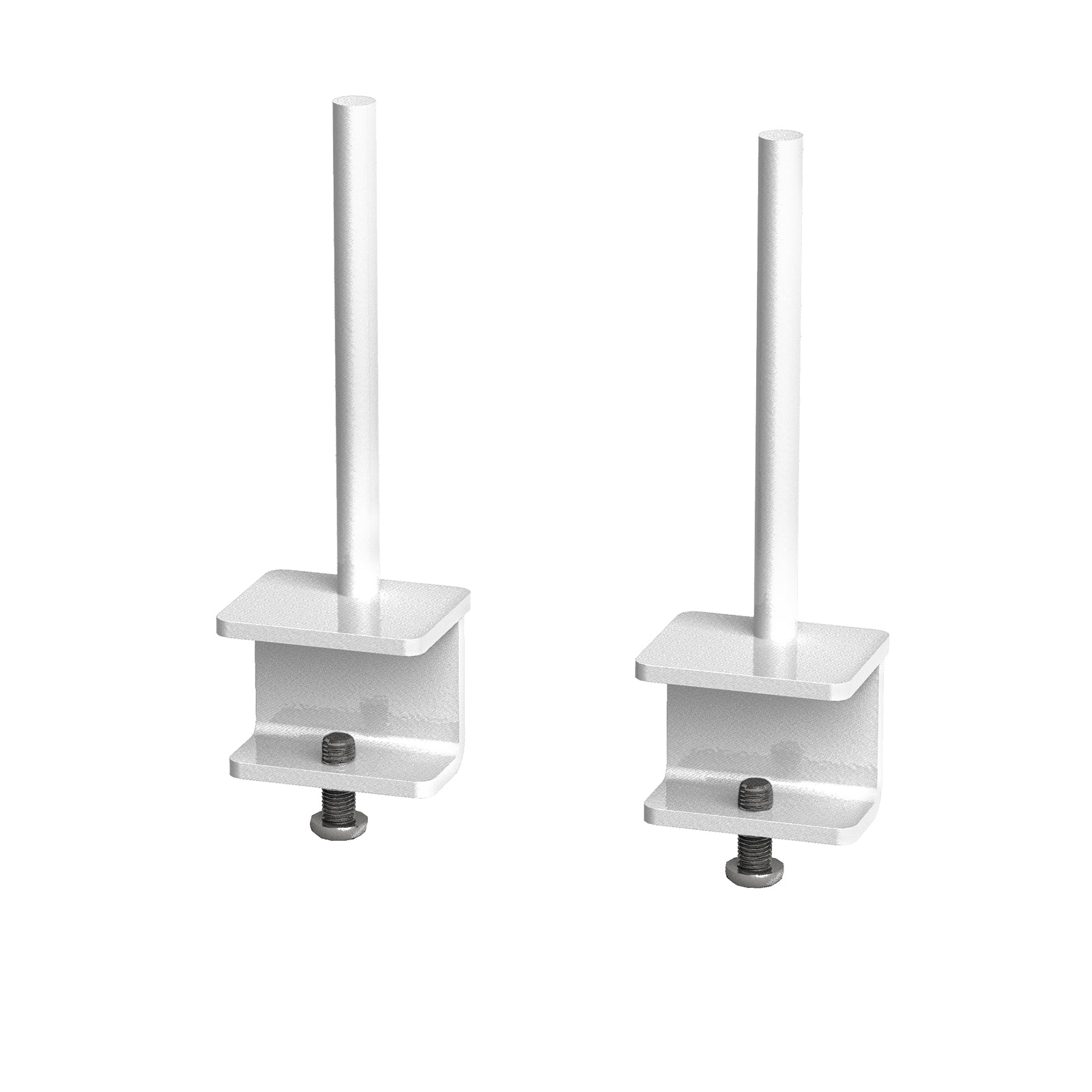 Two white metal screen mounting brackets with vertical posts and adjustable bottom bolts, shown on a plain white background.