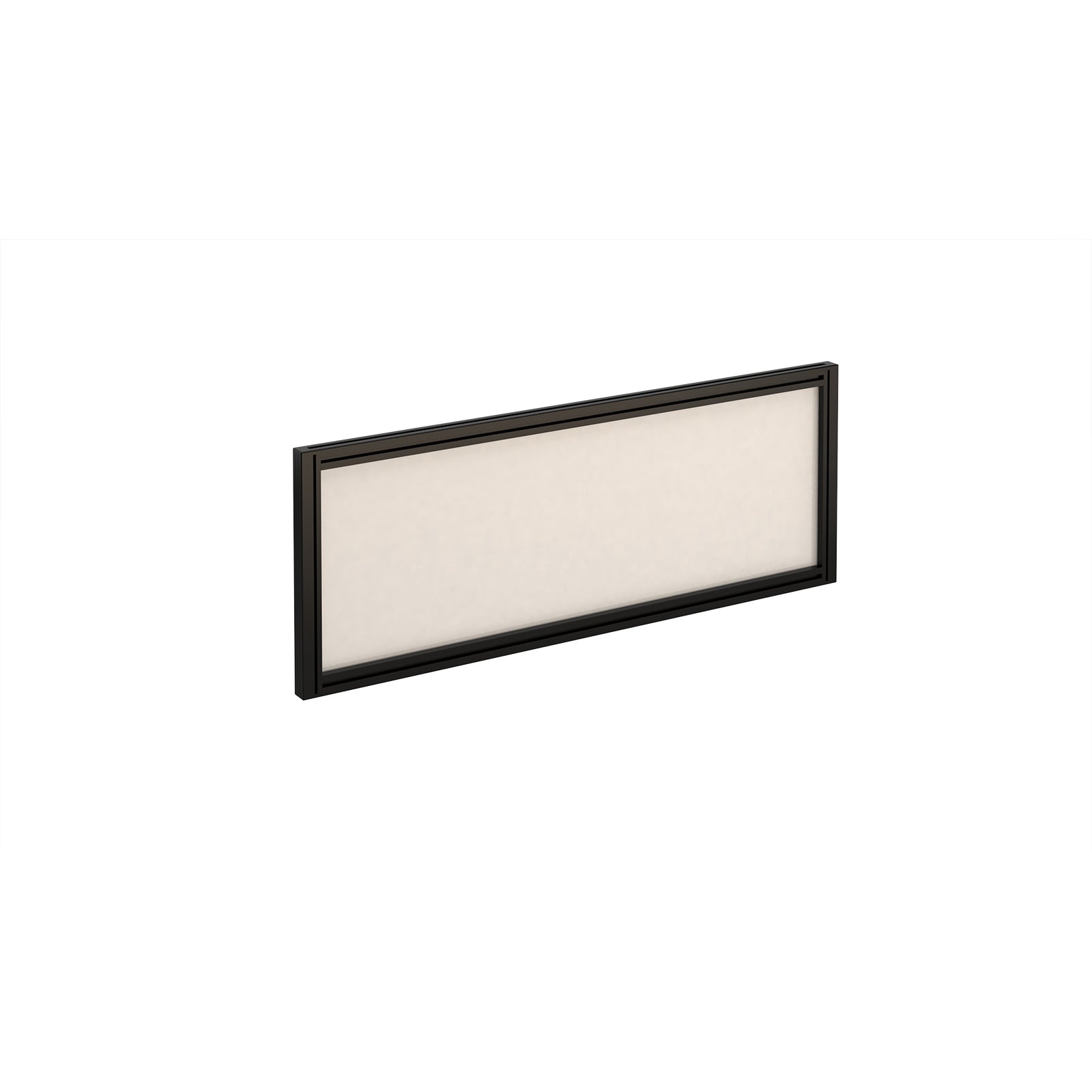 Rectangular white desk screen with black frame on a white background