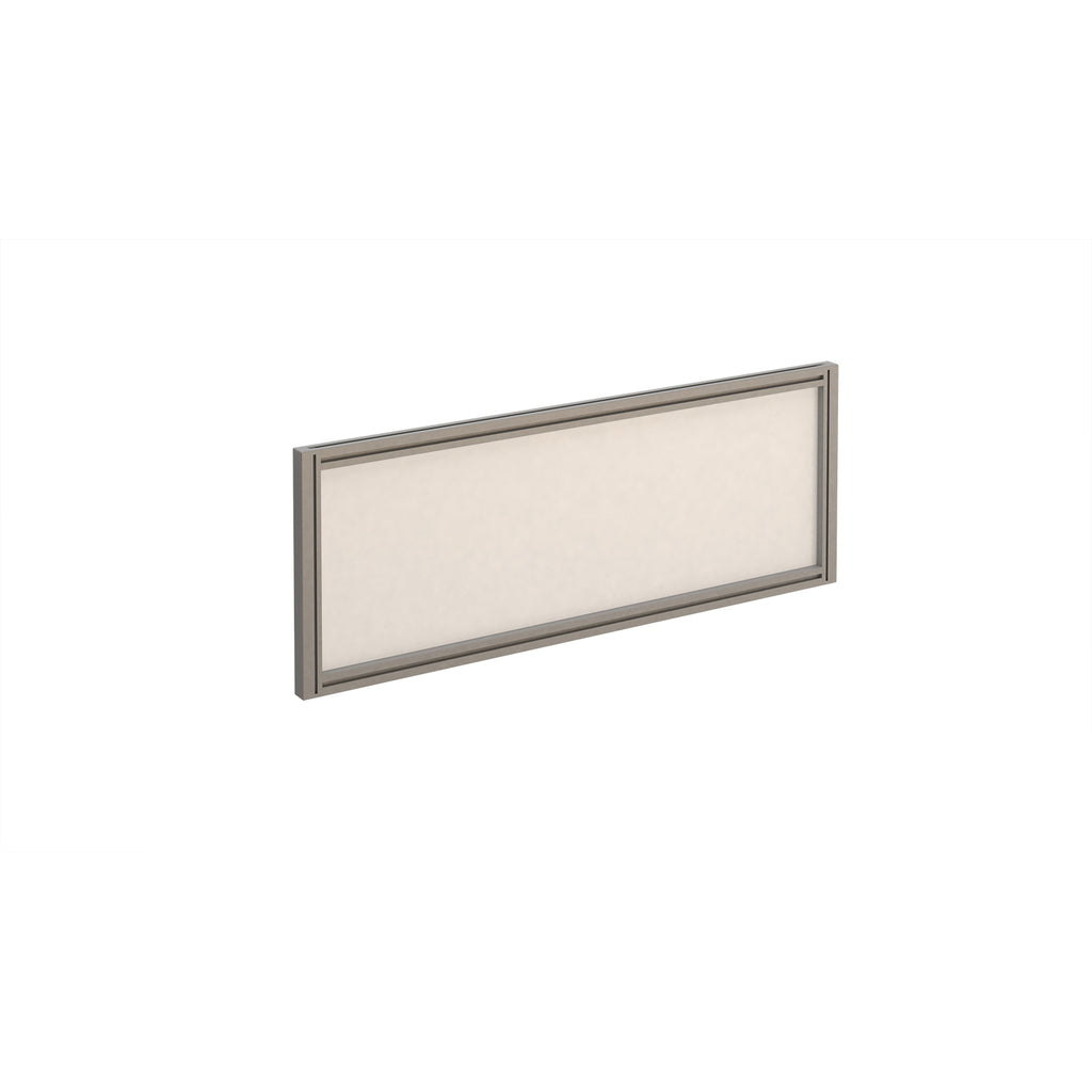 Rectangular white desk screen with silver frame on a white background