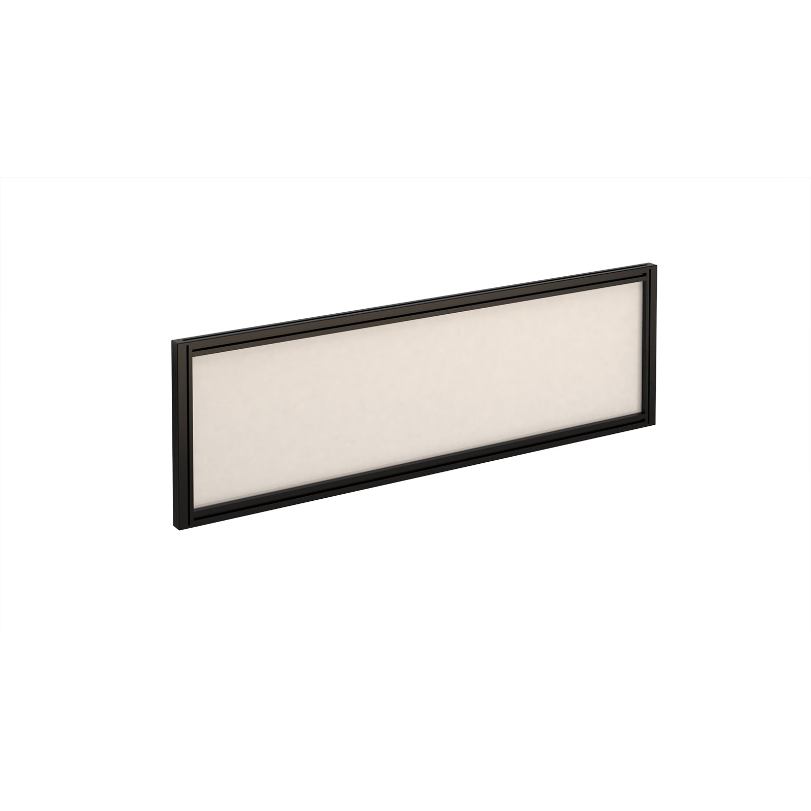 Rectangular white desk screen with black frame on a white background
