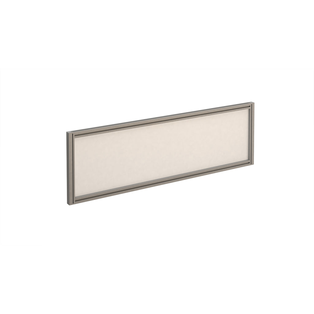 Rectangular white desk screen with silver frame on a white background