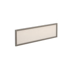 Rectangular white desk screen with silver frame on a white background