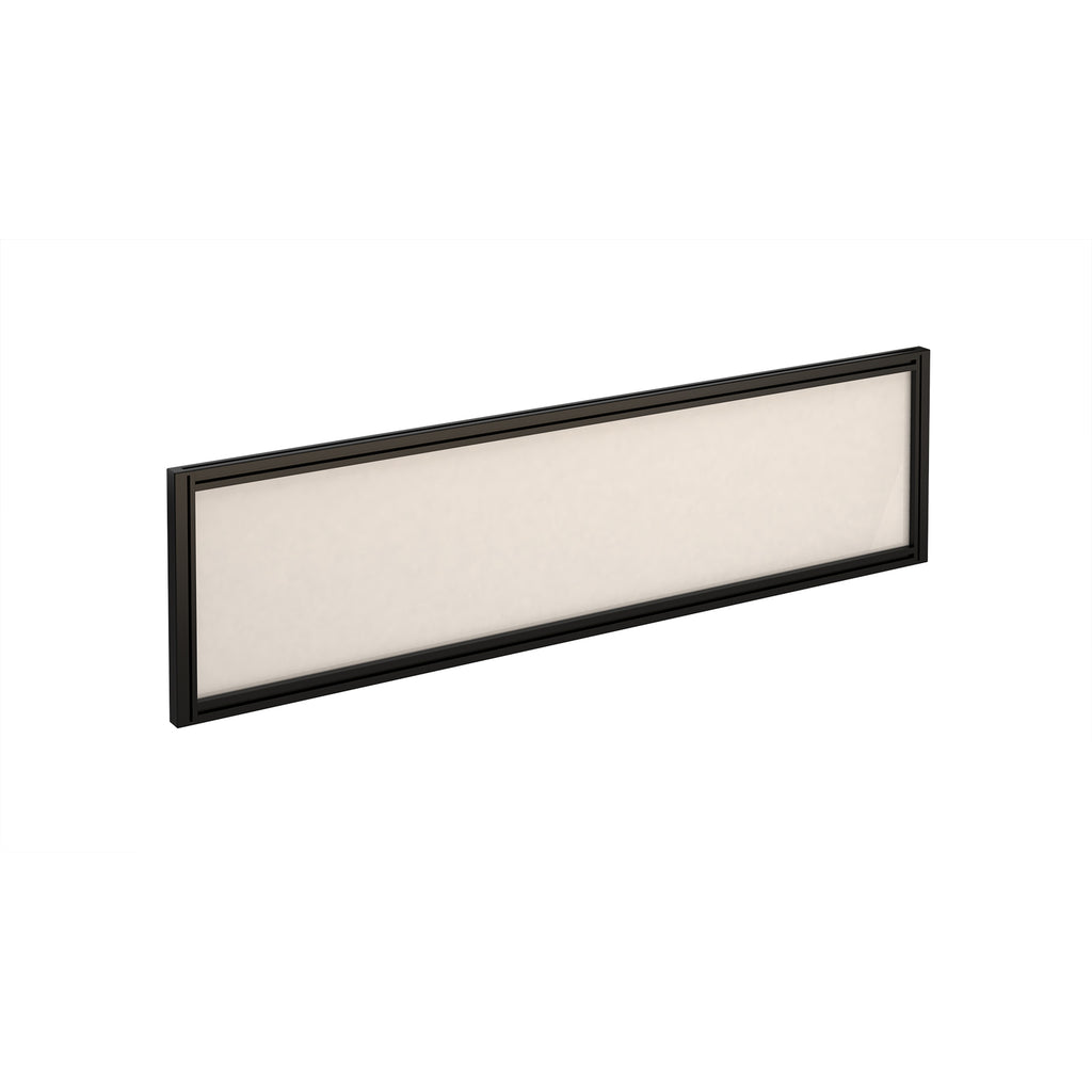 Rectangular white desk screen with black frame on a white background