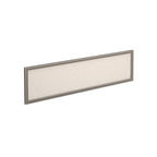 Rectangular white desk screen with silver frame on a white background