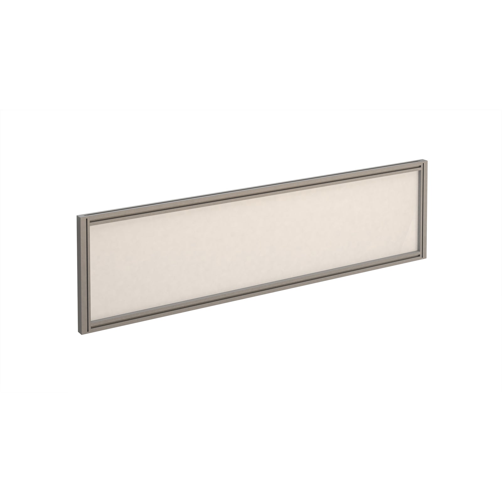 Rectangular white desk screen with silver frame on a white background