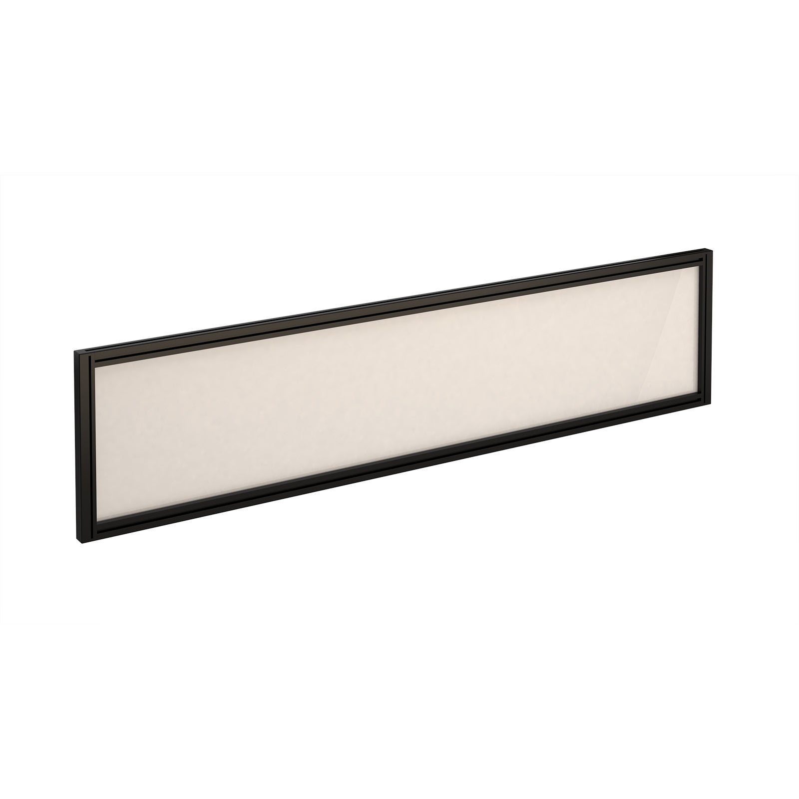 Rectangular white desk screen with black frame on a white background