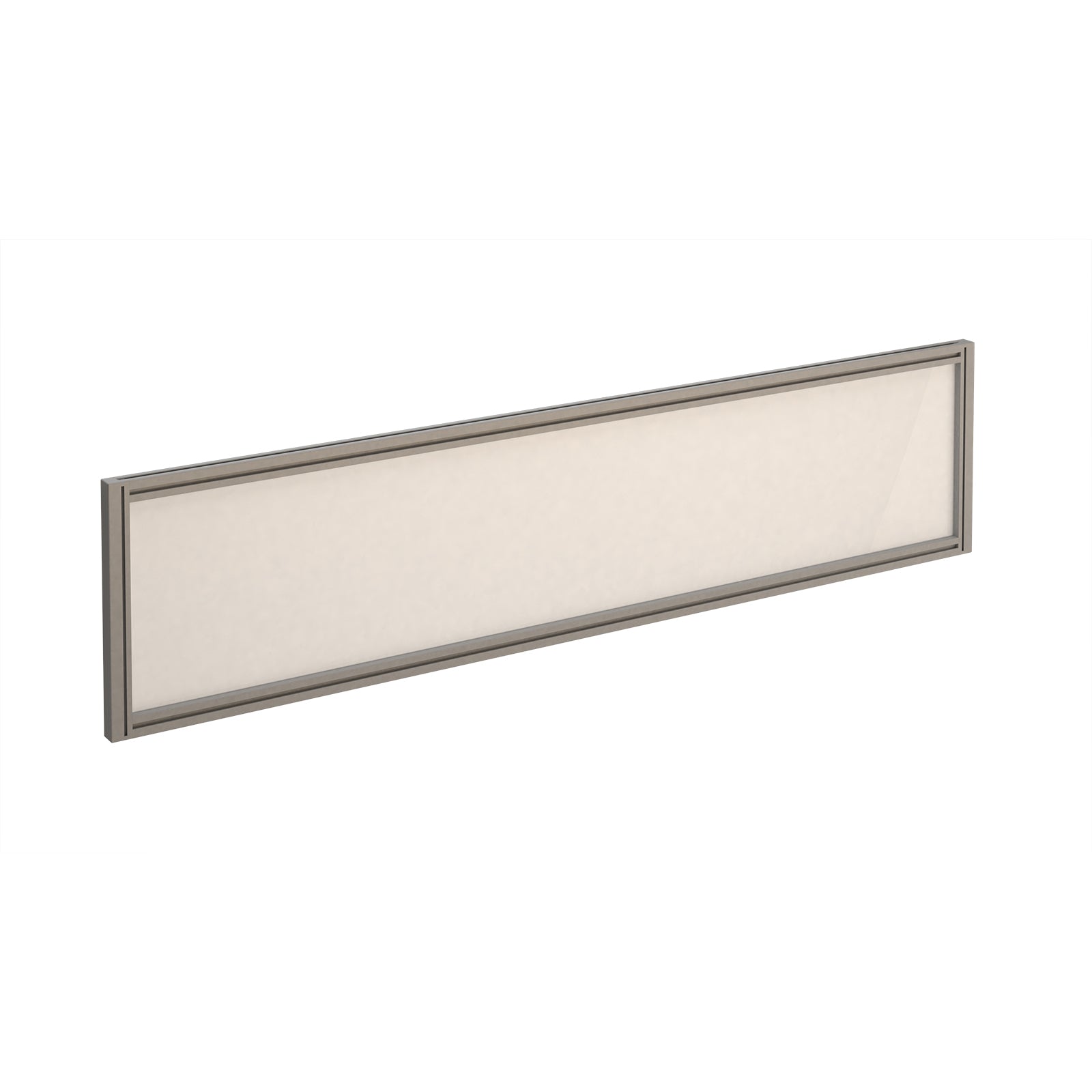 Rectangular white desk screen with silver frame on a white background