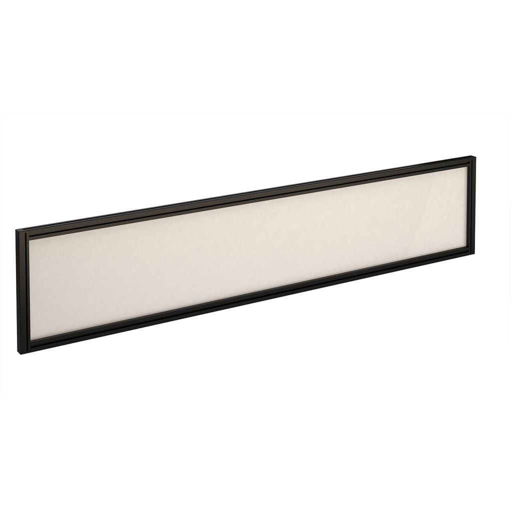 Rectangular white desk screen with black frame on a white background