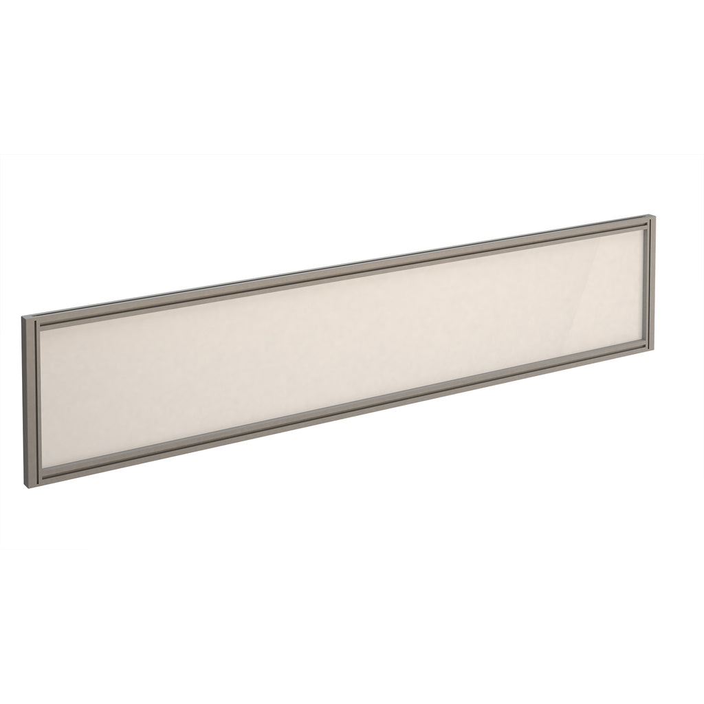 Rectangular white desk screen with silver frame on a white background