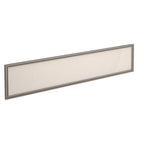 Rectangular white desk screen with silver frame on a white background