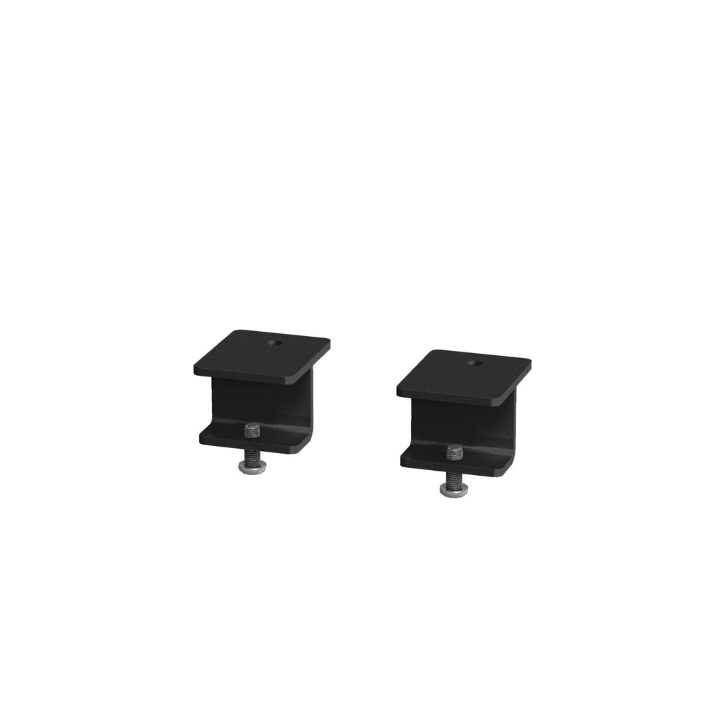 Two black metal mounting brackets with adjustable silver screws, shown side by side on a plain white background.
