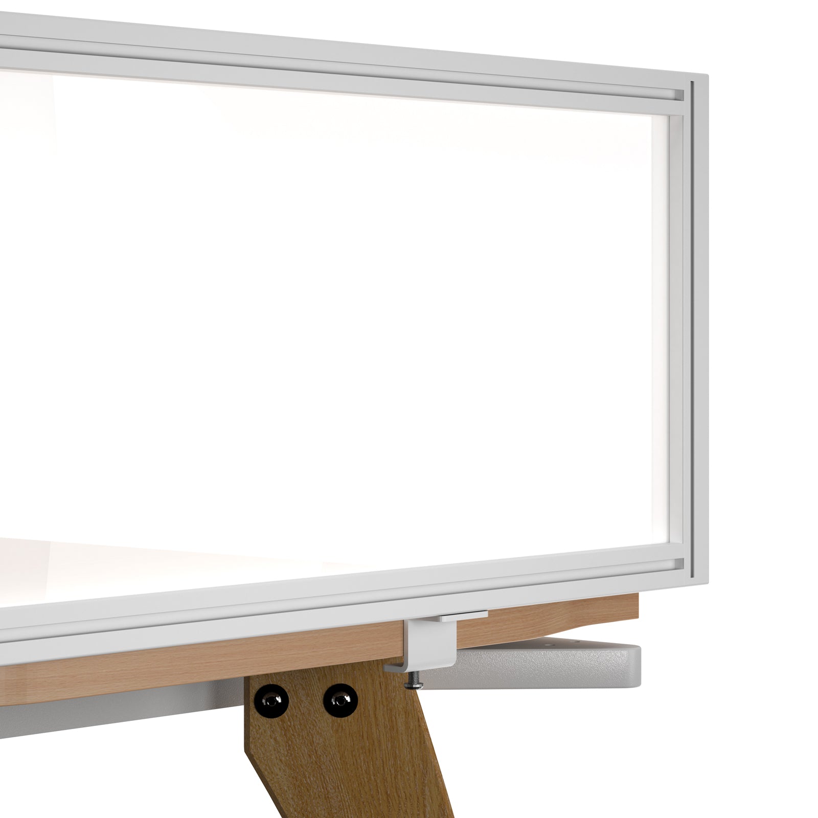Close-up of a modern desk or monitor stand with a white metal frame, clear panel, light wood base, and white support bracket on a white background.