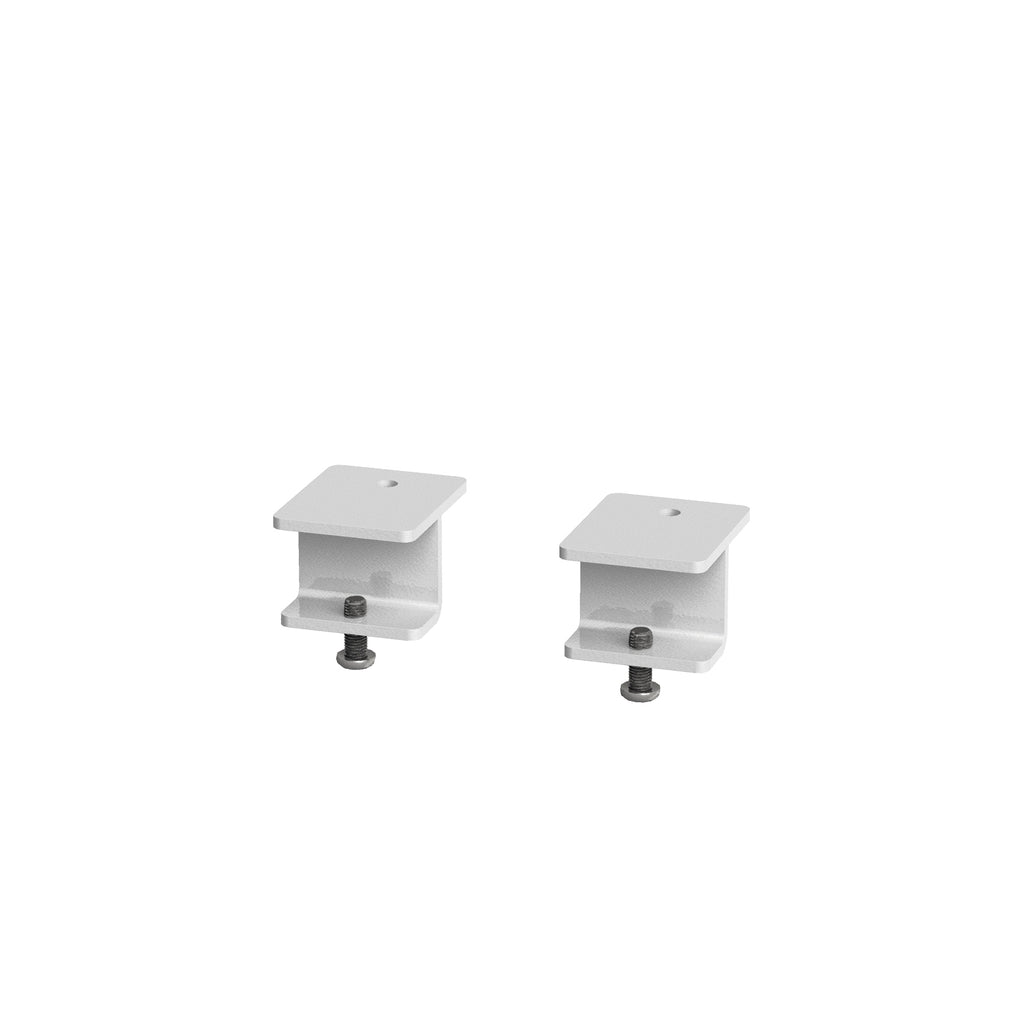Two white metal mounting brackets with adjustable silver screws, shown side by side on a plain white background.
