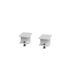 Two white metal mounting brackets with adjustable silver screws, shown side by side on a plain white background.