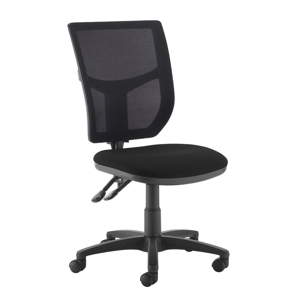 Black office chair with mesh backrest on a white background